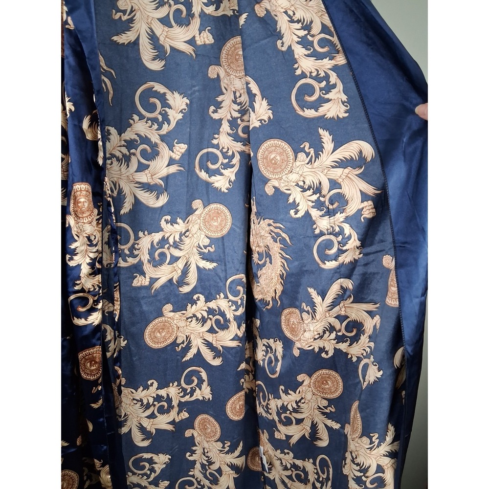 Satin Robe Blue & Gold Baroque Print Belted Pockets Mens Large Dressing Gown - Picture 6 of 10